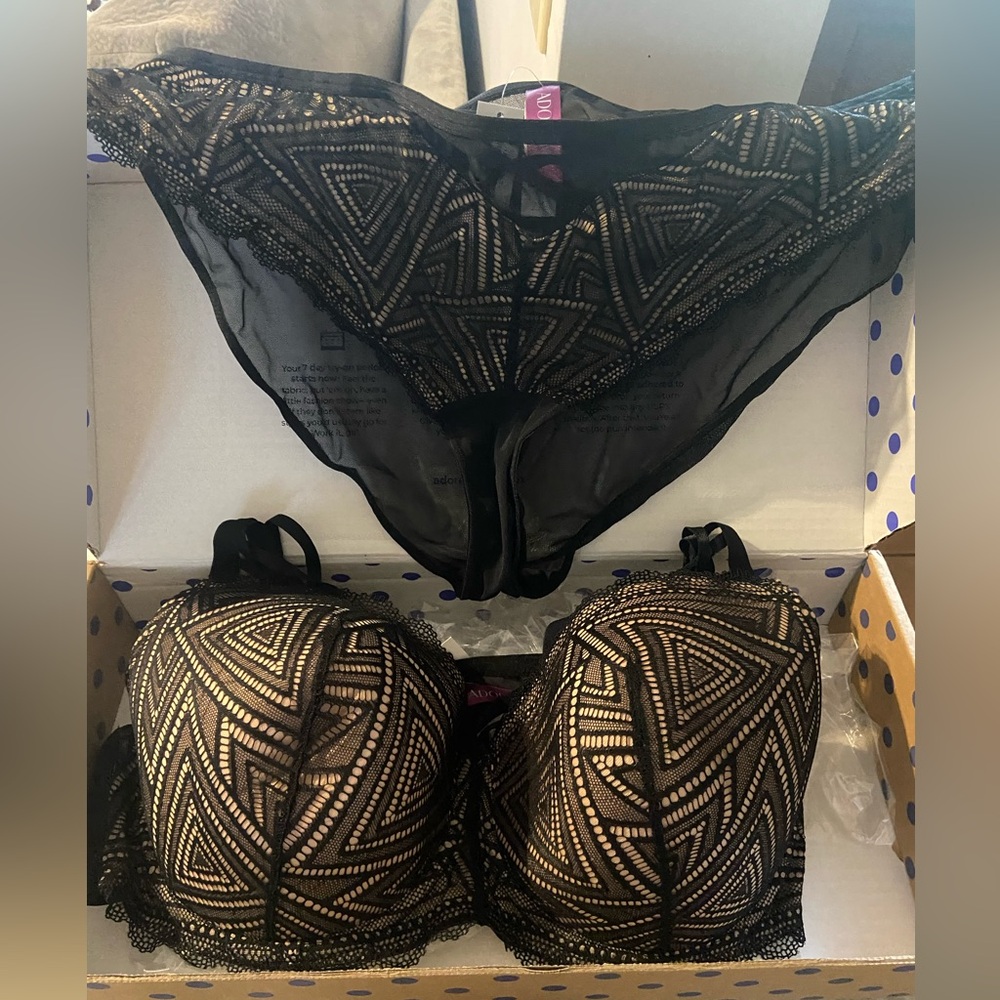 42DD Bra Adore Me NWT 2X Elegant Black Lace Bra and Panty Set Lingerie